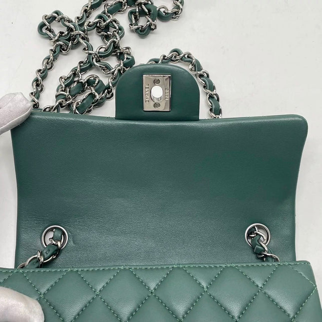 Chanel Classic Flap Mini Rectangular 2019 Green Lambskin Leather Silver Hardware