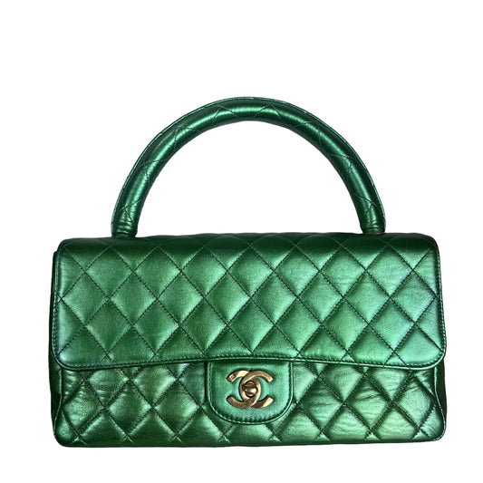 Chanel 1994 Classic Flap Top Handle Bag Medium Metallic Green Lambskin Leather-Luxbags