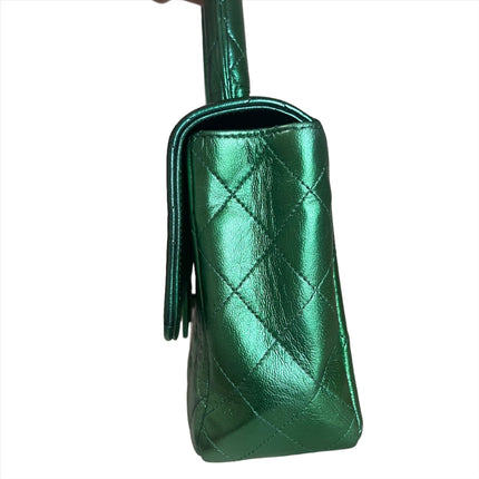 Sold Chanel 1994 Classic Flap Kelly Top Handle Bag Medium Metallic Green Lambskin Leather