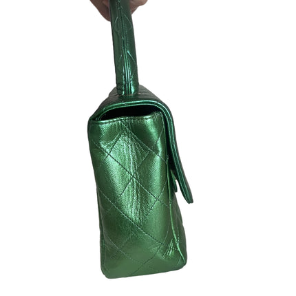 Sold Chanel 1994 Classic Flap Kelly Top Handle Bag Medium Metallic Green Lambskin Leather