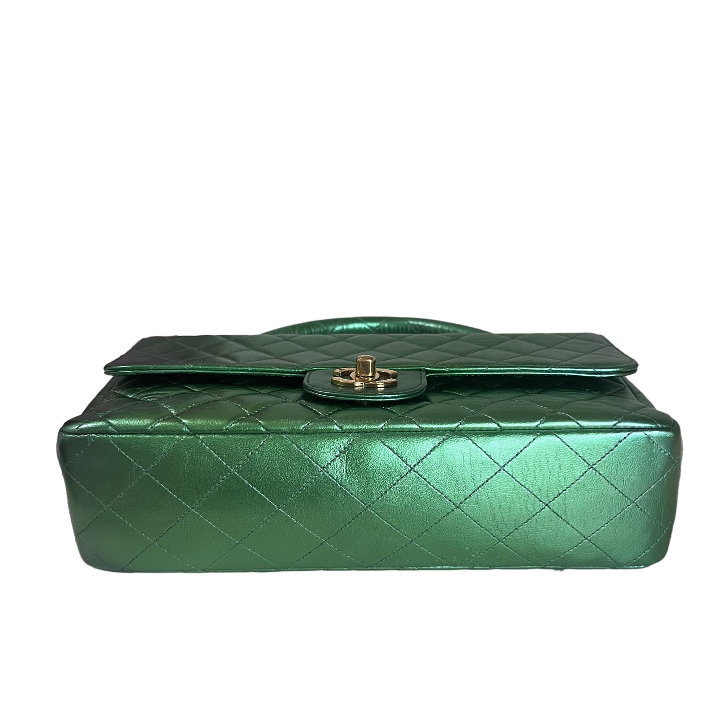Sold Chanel 1994 Classic Flap Kelly Top Handle Bag Medium Metallic Green Lambskin Leather