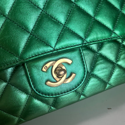 Sold Chanel 1994 Classic Flap Kelly Top Handle Bag Medium Metallic Green Lambskin Leather