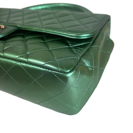 Sold Chanel 1994 Classic Flap Kelly Top Handle Bag Medium Metallic Green Lambskin Leather