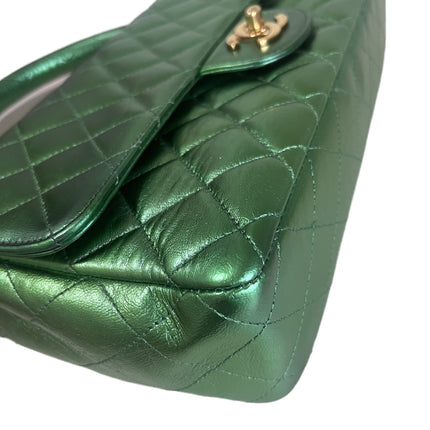 Sold Chanel 1994 Classic Flap Kelly Top Handle Bag Medium Metallic Green Lambskin Leather