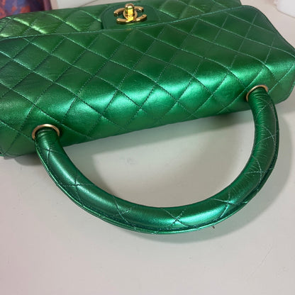 Sold Chanel 1994 Classic Flap Kelly Top Handle Bag Medium Metallic Green Lambskin Leather