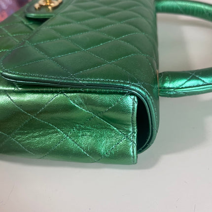 Sold Chanel 1994 Classic Flap Kelly Top Handle Bag Medium Metallic Green Lambskin Leather