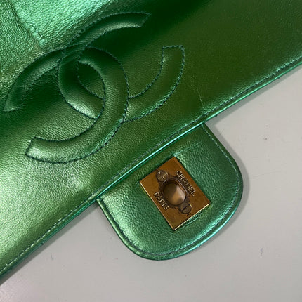 Sold Chanel 1994 Classic Flap Kelly Top Handle Bag Medium Metallic Green Lambskin Leather