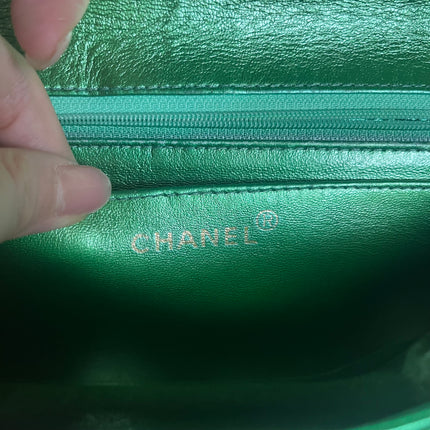 Sold Chanel 1994 Classic Flap Kelly Top Handle Bag Medium Metallic Green Lambskin Leather