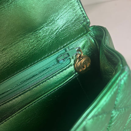 Sold Chanel 1994 Classic Flap Kelly Top Handle Bag Medium Metallic Green Lambskin Leather