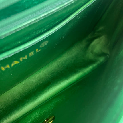 Sold Chanel 1994 Classic Flap Kelly Top Handle Bag Medium Metallic Green Lambskin Leather