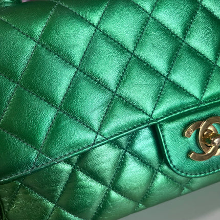 Sold Chanel 1994 Classic Flap Kelly Top Handle Bag Medium Metallic Green Lambskin Leather