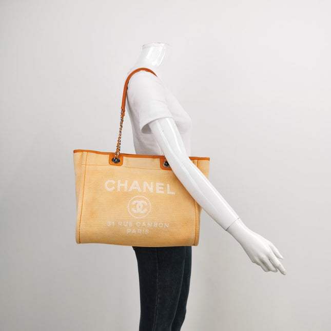 Sold Chanel Deauville Tote Orange Denim Leather Trim Small