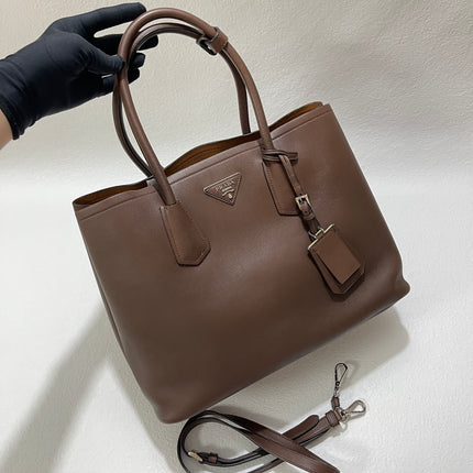 Prada Double Bag Medium Dark Chocolate Brown Saffiano Leather with Strap
