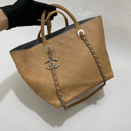 Chanel Deauville Tote Wild Stitch Beige Leather Silver Hardware