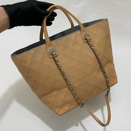 Chanel Deauville Tote Wild Stitch Beige Leather Silver Hardware