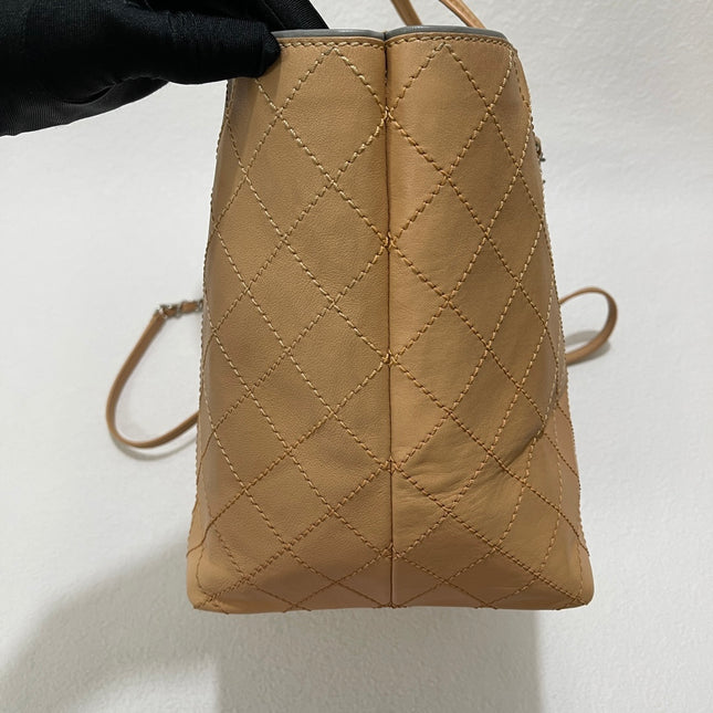 Chanel Deauville Tote Wild Stitch Beige Leather Silver Hardware