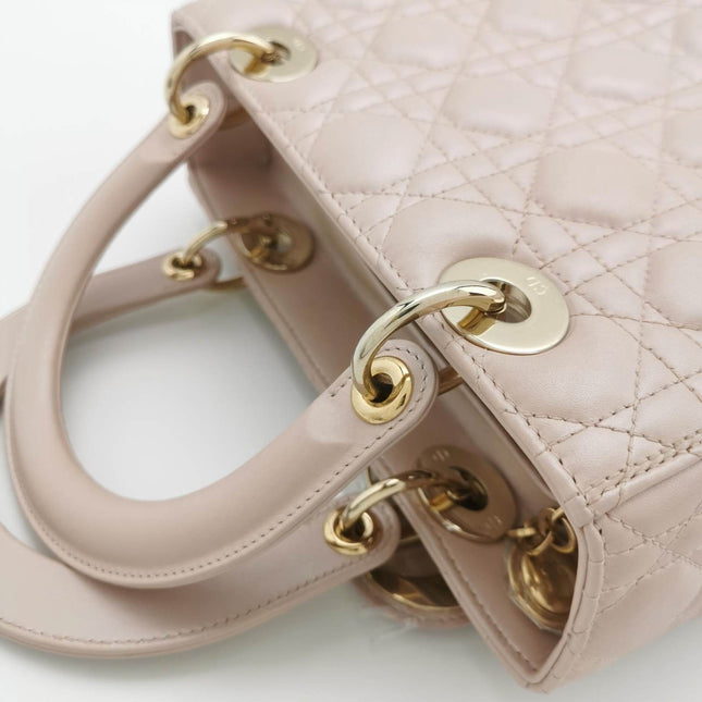 Sold Lady Dior Medium Handbag Pearlescent Pink Cannage Leather Gold Hardware