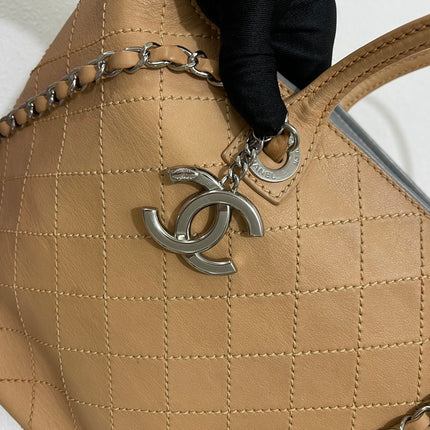 Chanel Deauville Tote Wild Stitch Beige Leather Silver Hardware