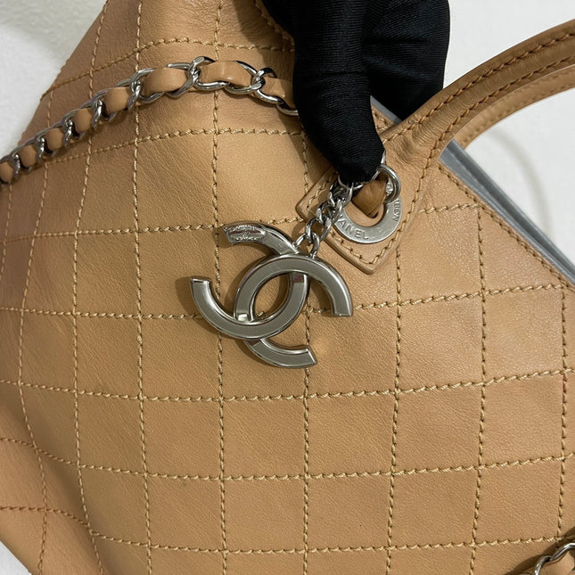 Chanel Deauville Tote Wild Stitch Beige Leather Silver Hardware