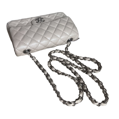 Chanel Classic Flap Rectangular Mini Pearlescent Off White Caviar Leather Crossbody Bag