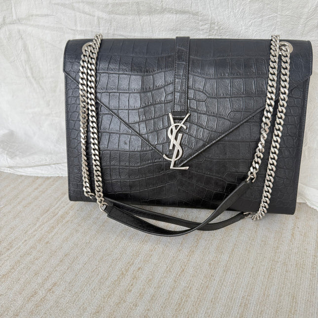 YSL Envelope Large Black Crocodile Pattern Embossed Leather Silver Hardware Shoulder Bag 