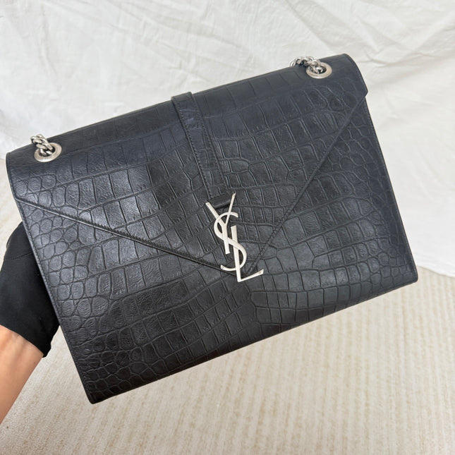 YSL Envelope Large Black Crocodile Pattern Embossed Leather Silver Hardware Shoulder Bag