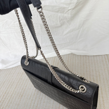 YSL Envelope Large Black Crocodile Pattern Embossed Leather Silver Hardware Shoulder Bag