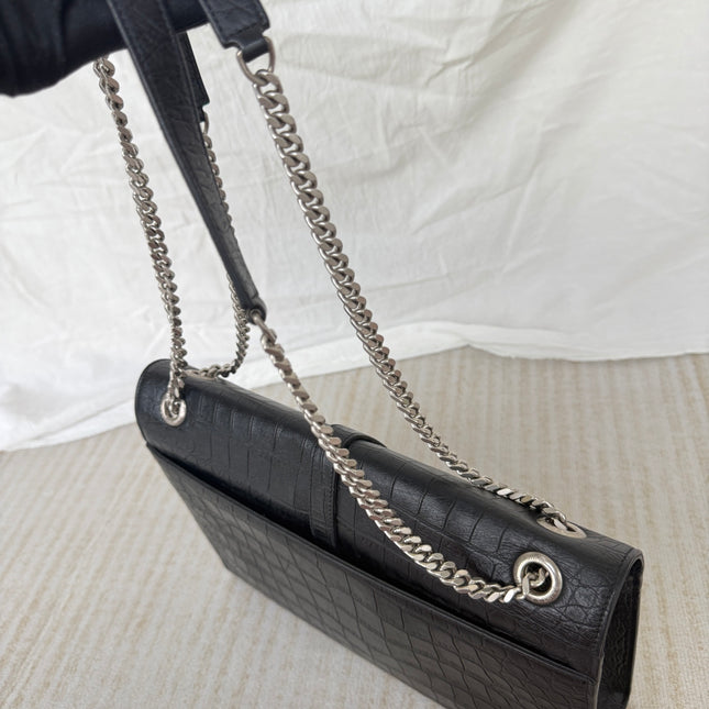 YSL Envelope Large Black Crocodile Pattern Embossed Leather Silver Hardware Shoulder Bag
