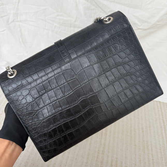 YSL Envelope Large Black Crocodile Pattern Embossed Leather Silver Hardware Shoulder Bag