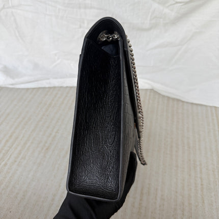 YSL Envelope Large Black Crocodile Pattern Embossed Leather Silver Hardware Shoulder Bag