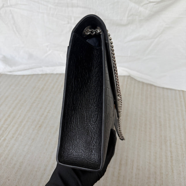 YSL Envelope Large Black Crocodile Pattern Embossed Leather Silver Hardware Shoulder Bag