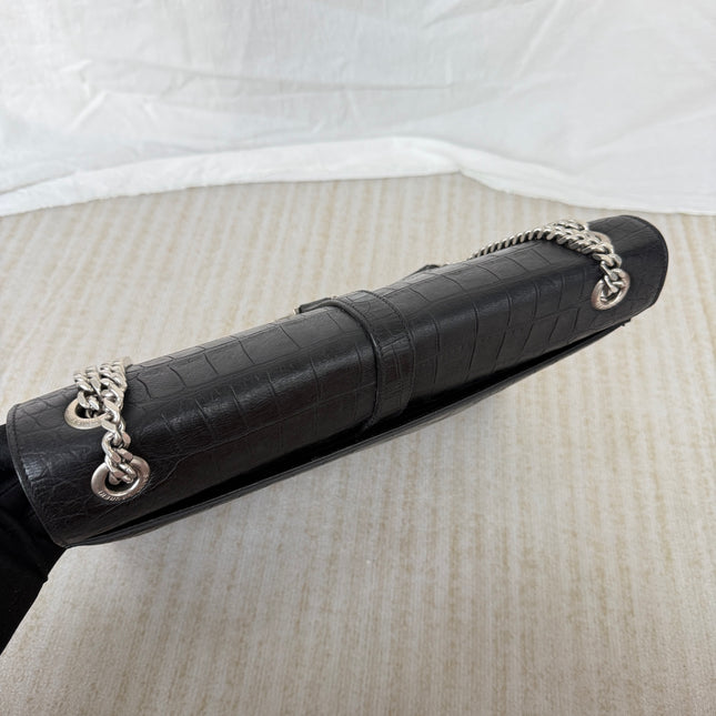 YSL Envelope Large Black Crocodile Pattern Embossed Leather Silver Hardware Shoulder Bag