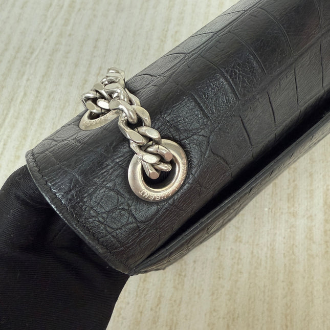 YSL Envelope Large Black Crocodile Pattern Embossed Leather Silver Hardware Shoulder Bag