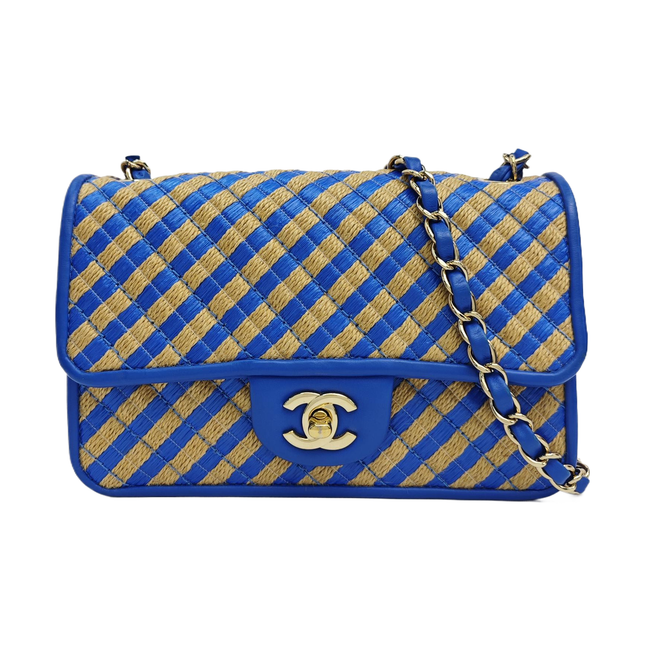 Chanel Mini Raffia Jute Striped Flap Bag Blue Diamond Wild Stitch