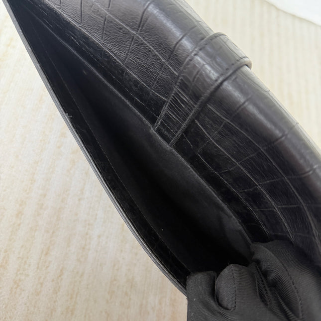 YSL Envelope Large Black Crocodile Pattern Embossed Leather Silver Hardware Shoulder Bag