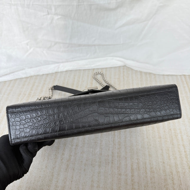 YSL Envelope Large Black Crocodile Pattern Embossed Leather Silver Hardware Shoulder Bag