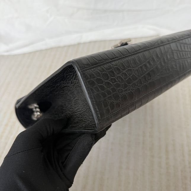 YSL Envelope Large Black Crocodile Pattern Embossed Leather Silver Hardware Shoulder Bag