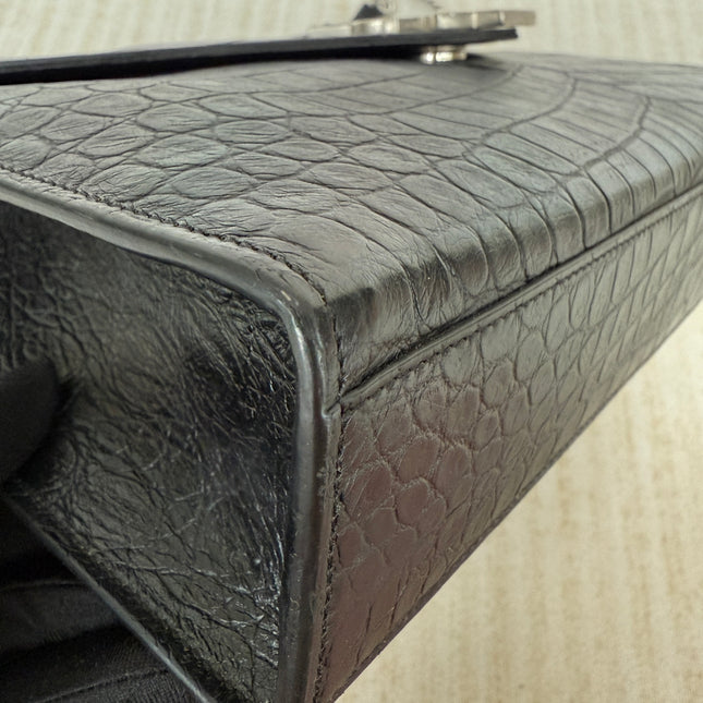 YSL Envelope Large Black Crocodile Pattern Embossed Leather Silver Hardware Shoulder Bag