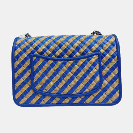 Chanel Mini Raffia Jute Striped Flap Bag Blue Diamond Wild Stitch