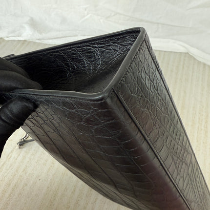 YSL Envelope Large Black Crocodile Pattern Embossed Leather Silver Hardware Shoulder Bag