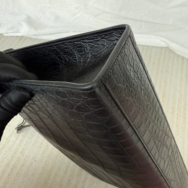 YSL Envelope Large Black Crocodile Pattern Embossed Leather Silver Hardware Shoulder Bag