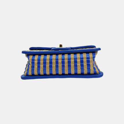 Chanel Mini Raffia Jute Striped Flap Bag Blue Diamond Wild Stitch