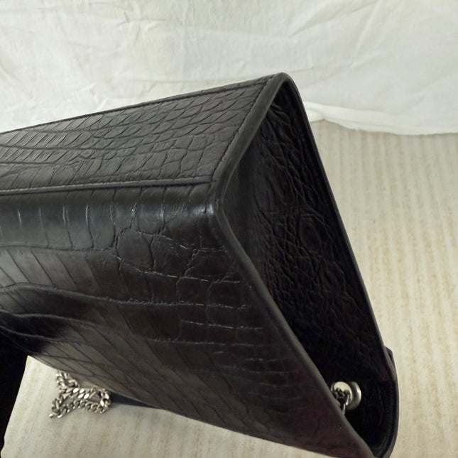 YSL Envelope Large Black Crocodile Pattern Embossed Leather Silver Hardware Shoulder Bag