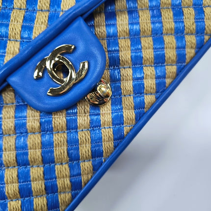 Chanel Mini Raffia Jute Striped Flap Bag Blue Diamond Wild Stitch