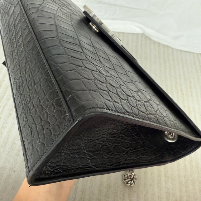 YSL Envelope Large Black Crocodile Pattern Embossed Leather Silver Hardware Shoulder Bag