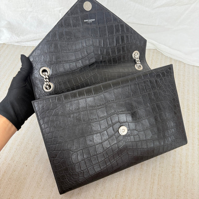 YSL Envelope Large Black Crocodile Pattern Embossed Leather Silver Hardware Shoulder Bag