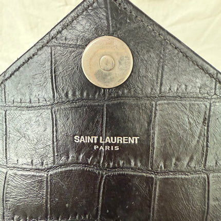 YSL Envelope Large Black Crocodile Pattern Embossed Leather Silver Hardware Shoulder Bag