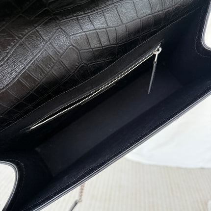 YSL Envelope Large Black Crocodile Pattern Embossed Leather Silver Hardware Shoulder Bag