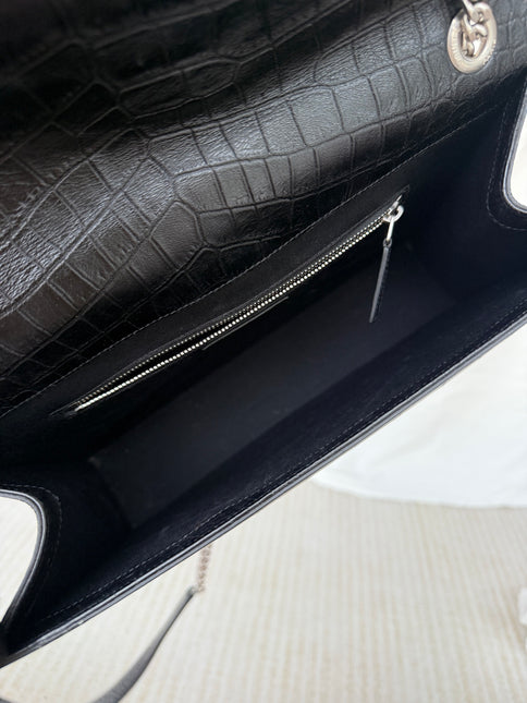 YSL Envelope Large Black Crocodile Pattern Embossed Leather Silver Hardware Shoulder Bag