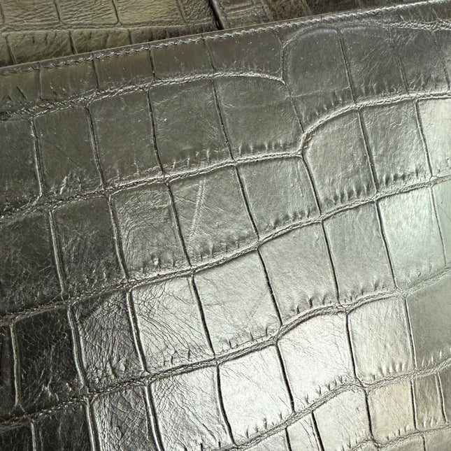 YSL Envelope Large Black Crocodile Pattern Embossed Leather Silver Hardware Shoulder Bag